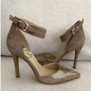 New Vince Camuto Heels Taupe Gold Leather Suede Ankle Strap Pointy Size 7.5